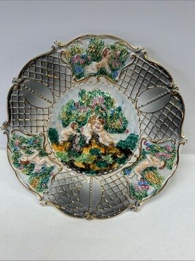 Vintage 70’s Capodimonte 13” porcelain hand painted /decorated cherub plate